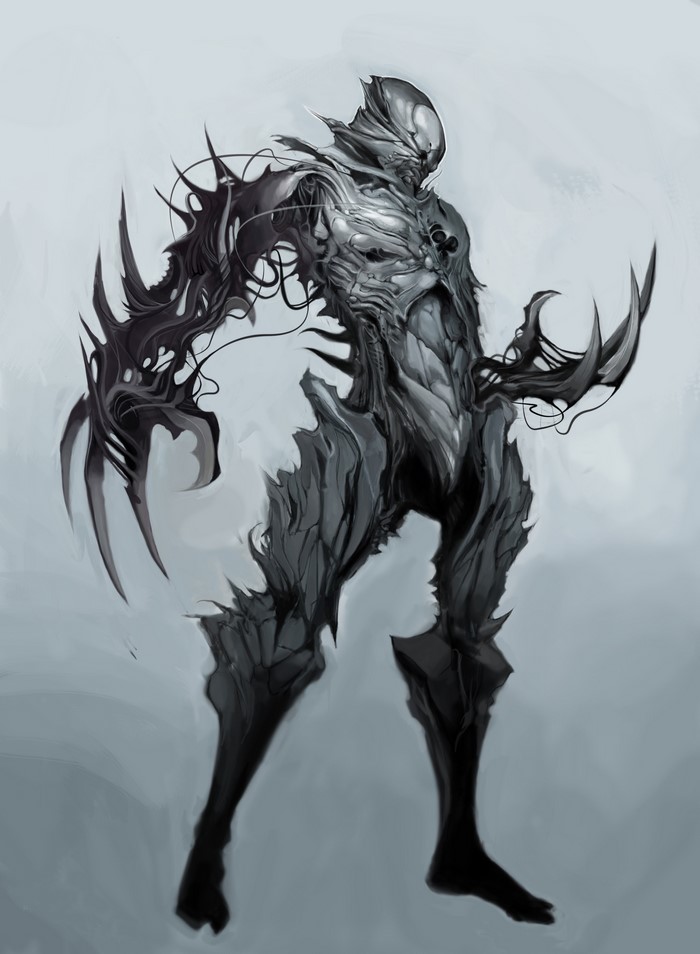 Dark biomechanical creature with sharp blades