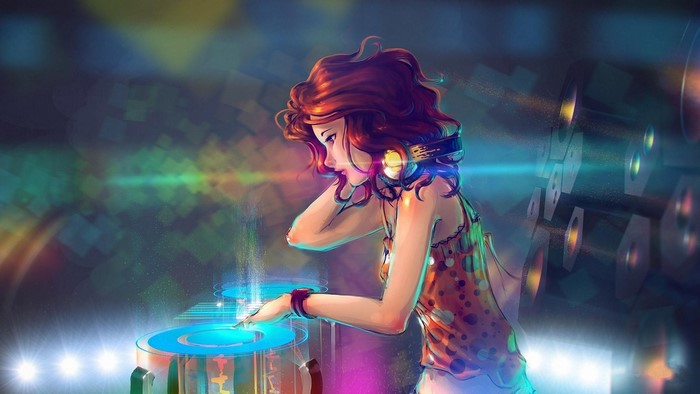Anime DJ girl with headphones playing turntables