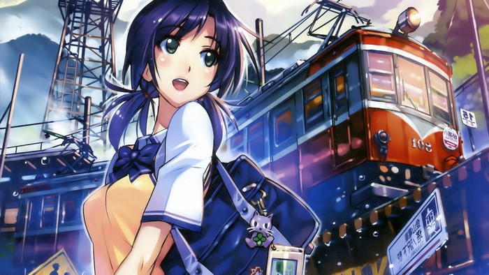 Anime girl with a backpack and a train