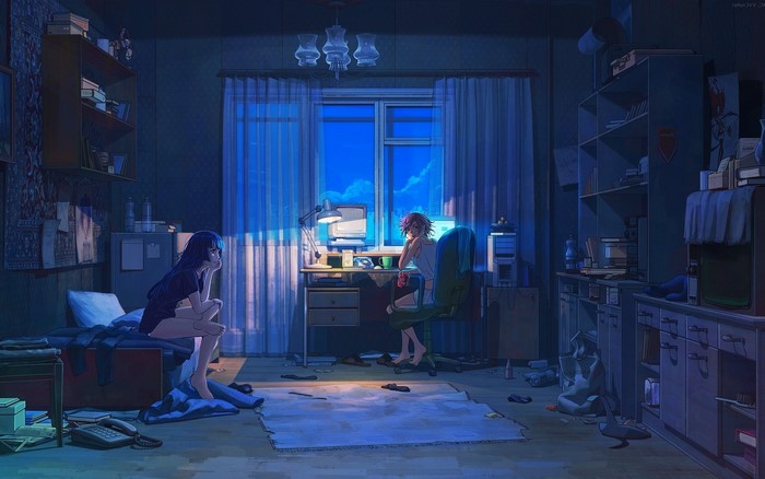 Anime girls in a dark room at night