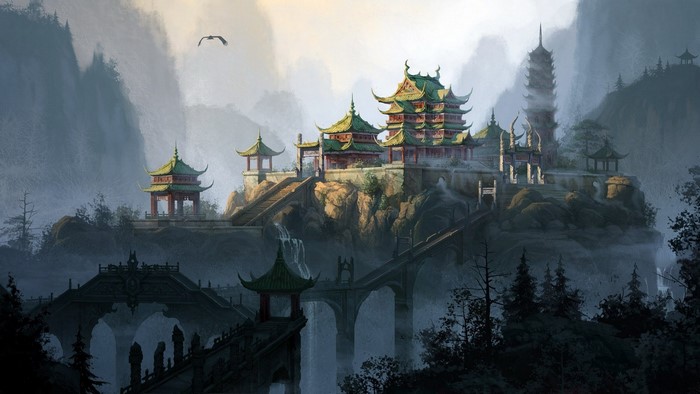 Fantasy Asian temple complex on a mountain