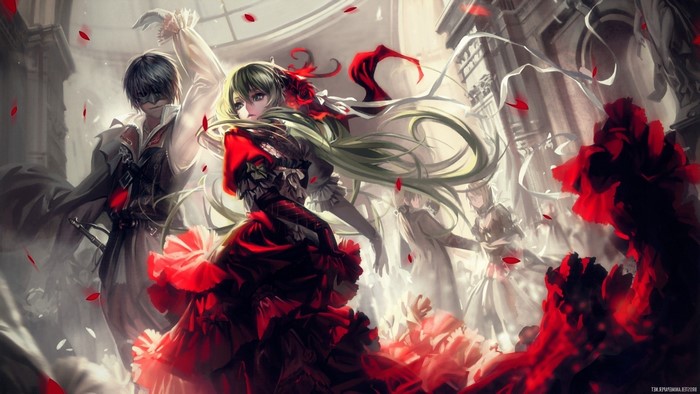 Anime characters in red dresses and suits with roses