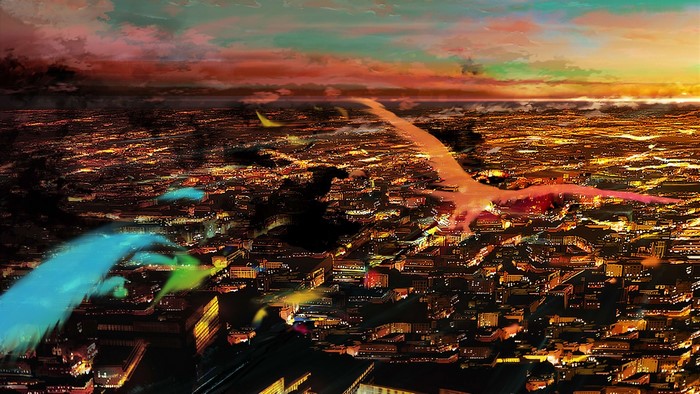 Fantasy city spirits flying over a city at sunset