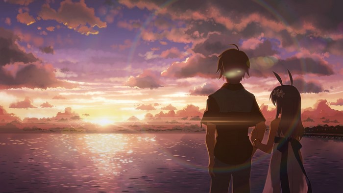 Anime couple watching sunset over the ocean