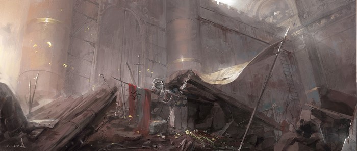 Ruined ancient building with weapons and banners