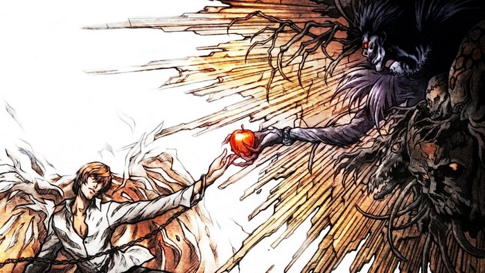 Light Yagami and Ryuk from Death Note parodying Creation of Adam