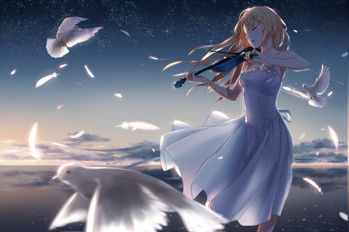 Miyazono Kaori Playing Violin Under Night Sky