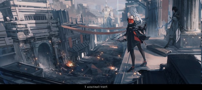 Anime girls with bows in a ruined city