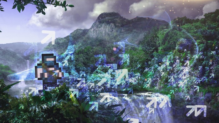 Pixel art ninja with arrows in a jungle landscape