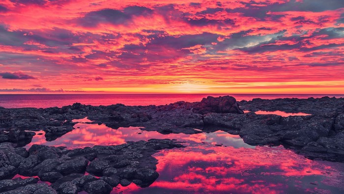 Pink Sunset Over Rocky Coastline with Reflections