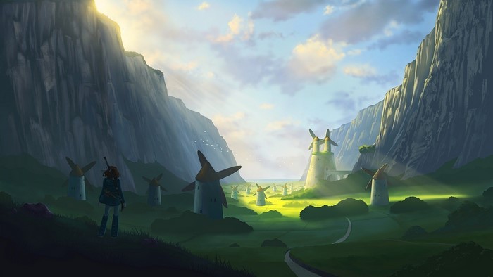 Girl with sword in valley of windmills