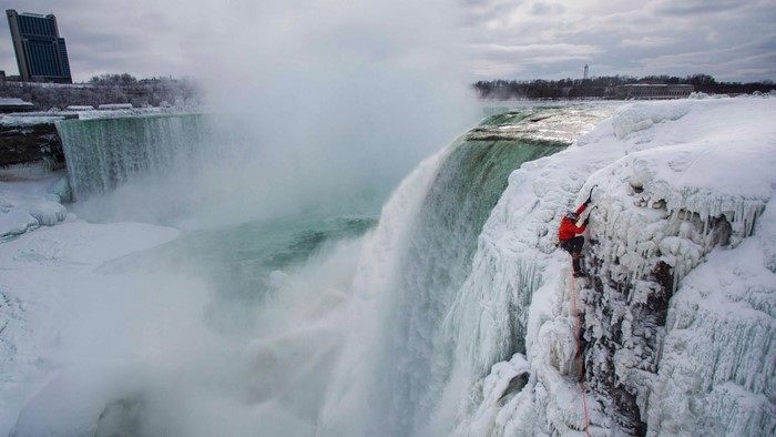 Ice climbing Niagara Falls in winter
