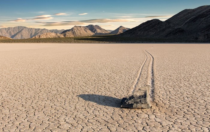 Rock leaving a trail on Death Valley's Racetrack Playa