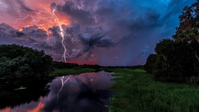 Florida Stormy Sunset with Lightning over River