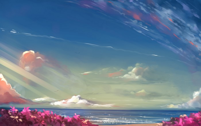 Anime landscape with clouds and ocean