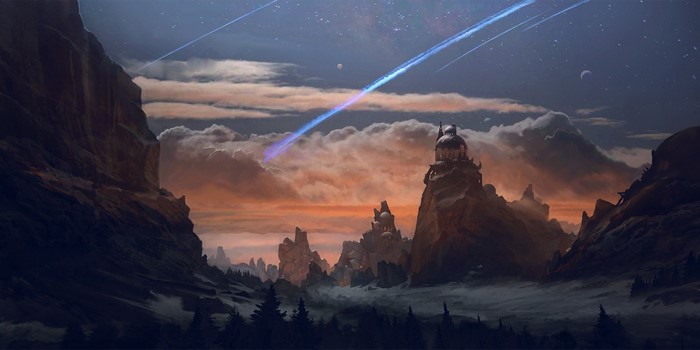 Fantasy landscape with mountains, clouds, and shooting stars