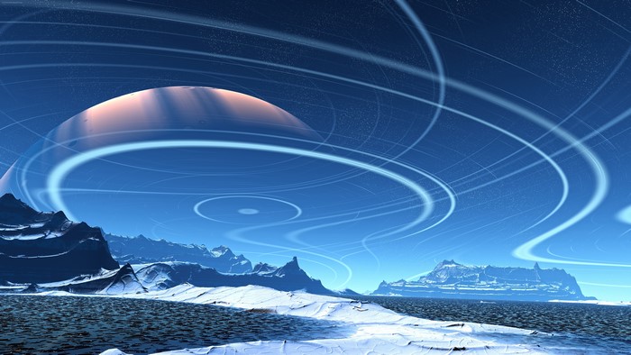 Surreal alien landscape with planet and rings