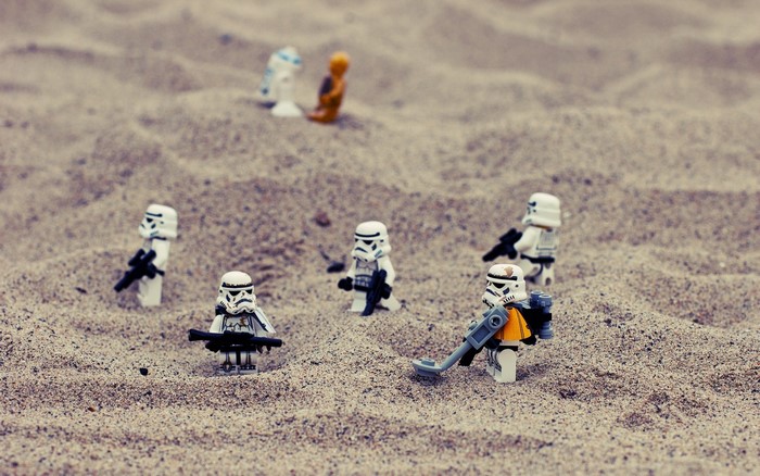 Lego Star Wars Stormtroopers and Droids on Sand