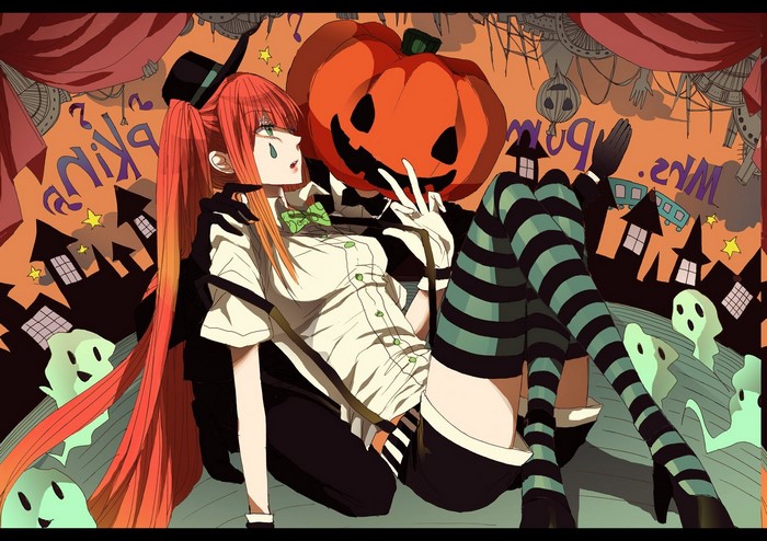 Anime girl with pumpkin head character in Halloween setting