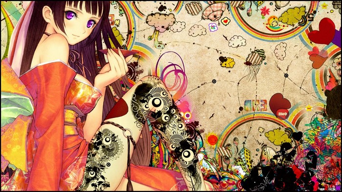 Anime girl in kimono with colorful background