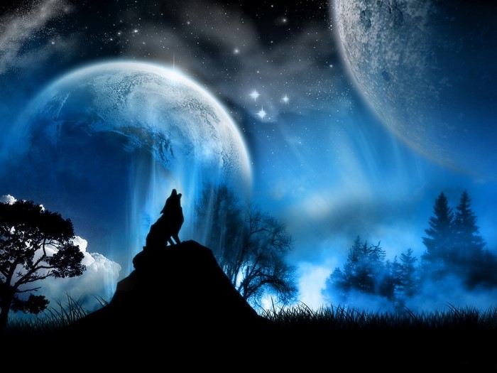 Fantasy wolf howling at a large moon in a starry night sky