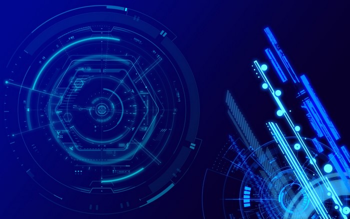 Abstract blue digital technology interface with geometric shapes