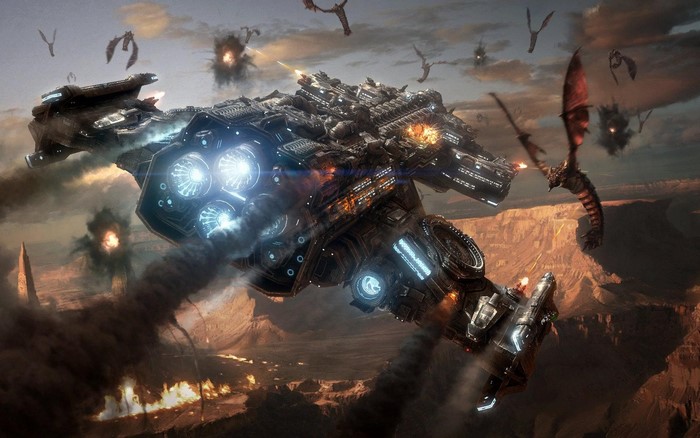 StarCraft Battlecruiser fighting Zerg creatures in a canyon