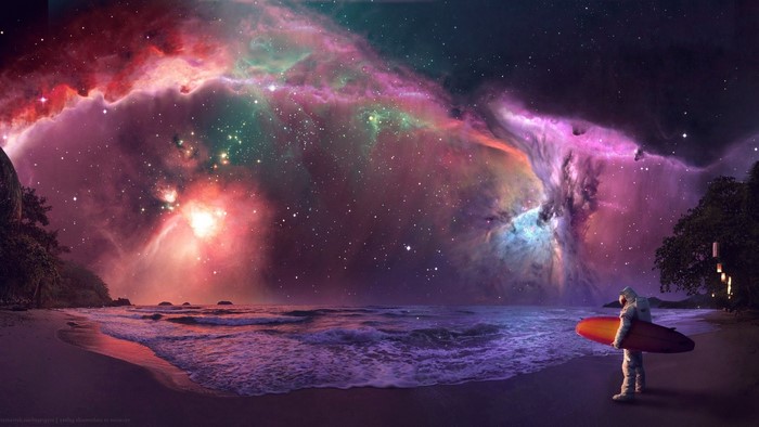 Astronaut with surfboard on beach under nebula