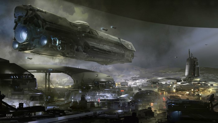 UNSC Infinity spaceship over a futuristic city