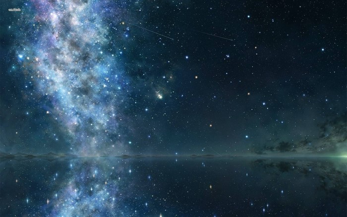 Starry night sky reflected in calm water
