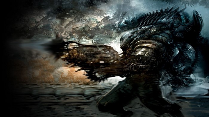 Steampunk robot firing a weapon in a war-torn fantasy landscape