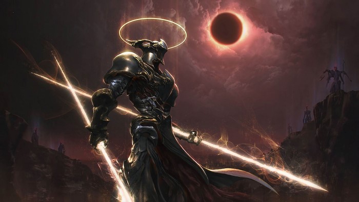 Apocalyptic warrior with glowing swords under solar eclipse