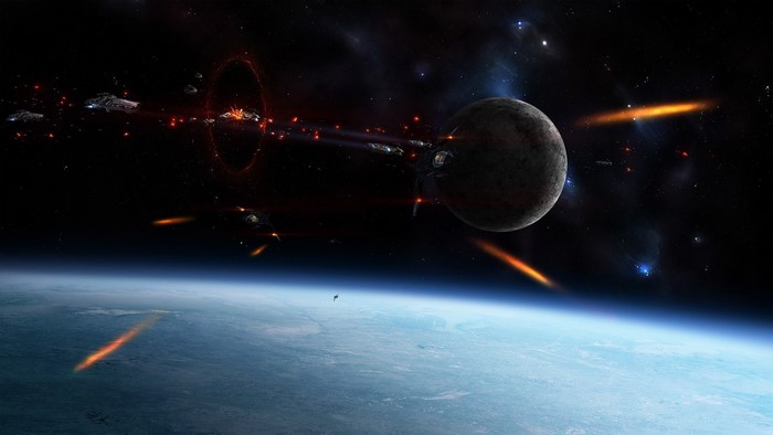 Space battle with spaceships and a planet