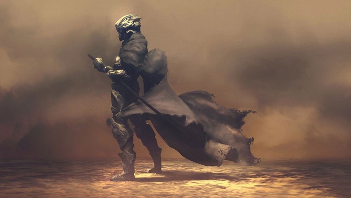 Fantasy soldier with a cape and sword in smoke