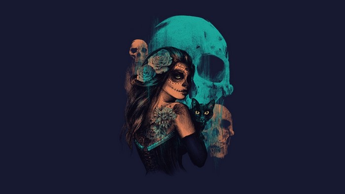 Woman with Sugar Skull Face and Black Cat