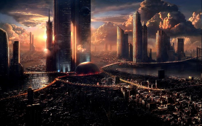 Futuristic city skyline at sunset with dramatic clouds