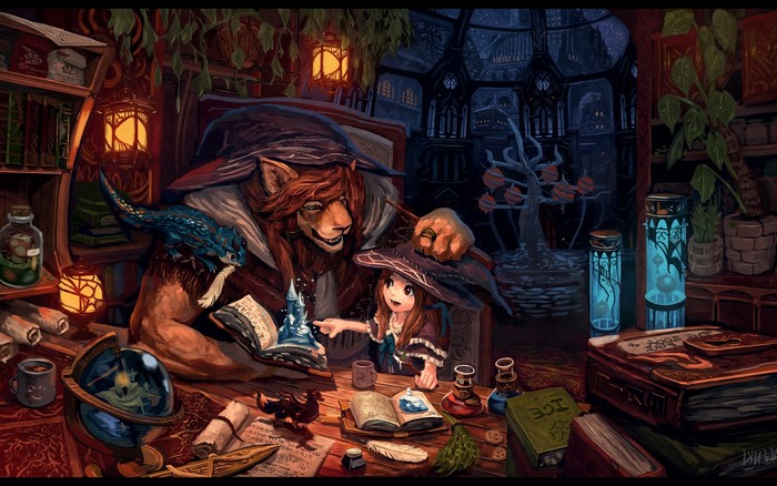 Anthros and witch girl in a magical library