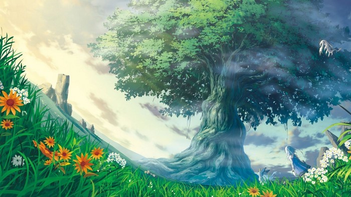 Fantasy art of a large tree with mythical creatures and a girl