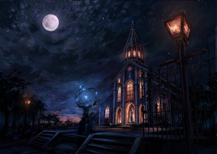 Moonlit Church in a Mystical Night Cityscape
