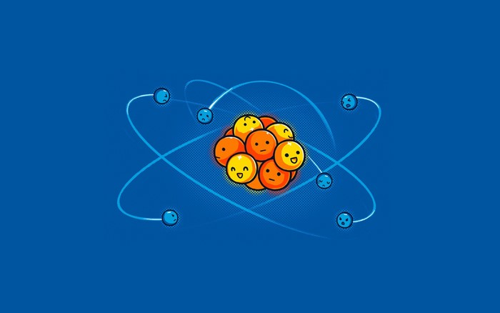 Atom with smiley face protons and sad face electrons