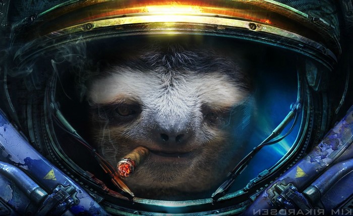 Sloth in Starcraft II armor smoking a cigar