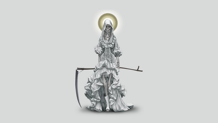 Grim Reaper in white dress with scythe and halo