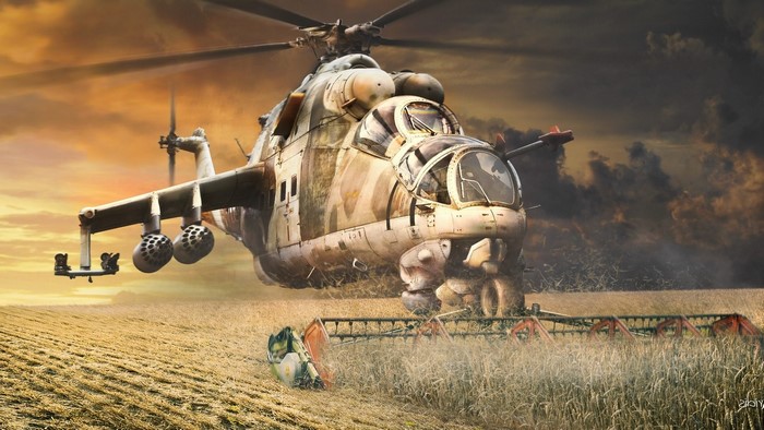 Mil Mi-24 helicopter over a wheat field
