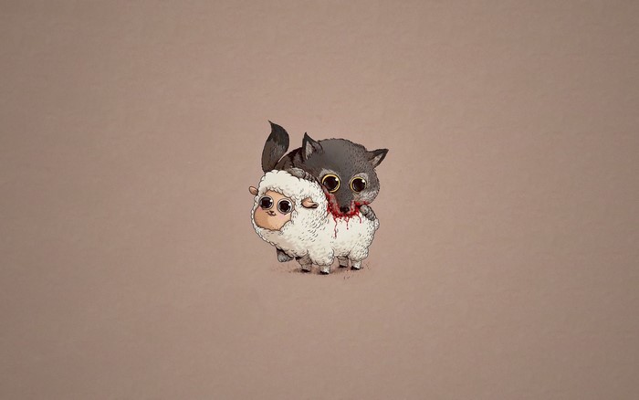 Wolf biting a sheep with blood