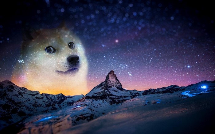 Doge superimposed over a snowy mountain landscape at night