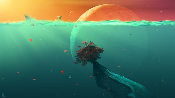 Underwater fantasy art with planets and sharks