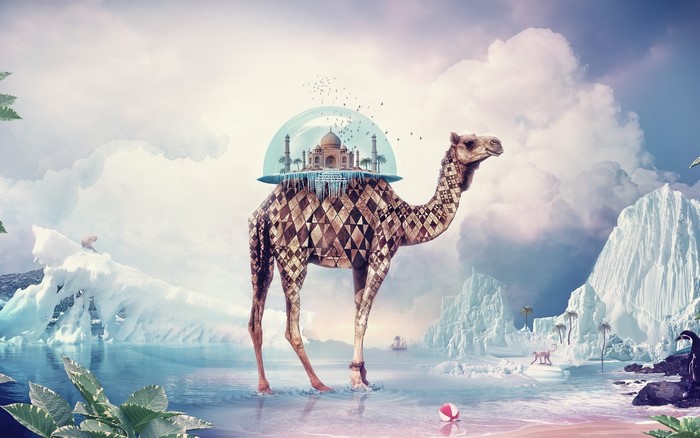 Surreal camel carrying Taj Mahal in an icy landscape