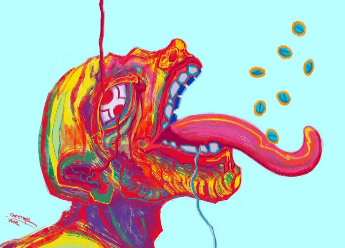 Surreal colorful portrait with pills falling