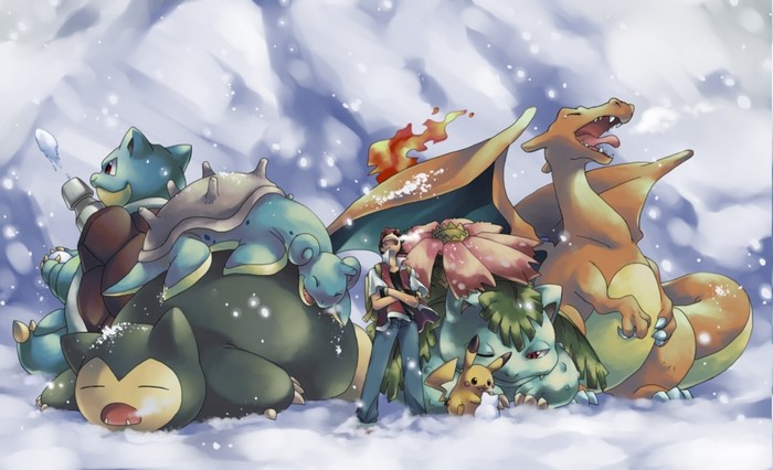 Pokemon Red and his team in the snow