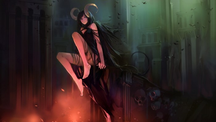 Demon girl with horns in a dark fantasy setting